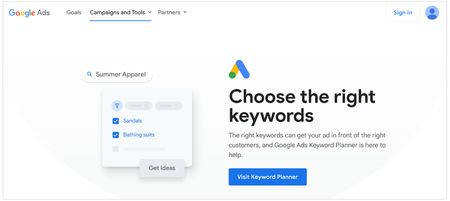 página de inicio de Google Keyword Planner